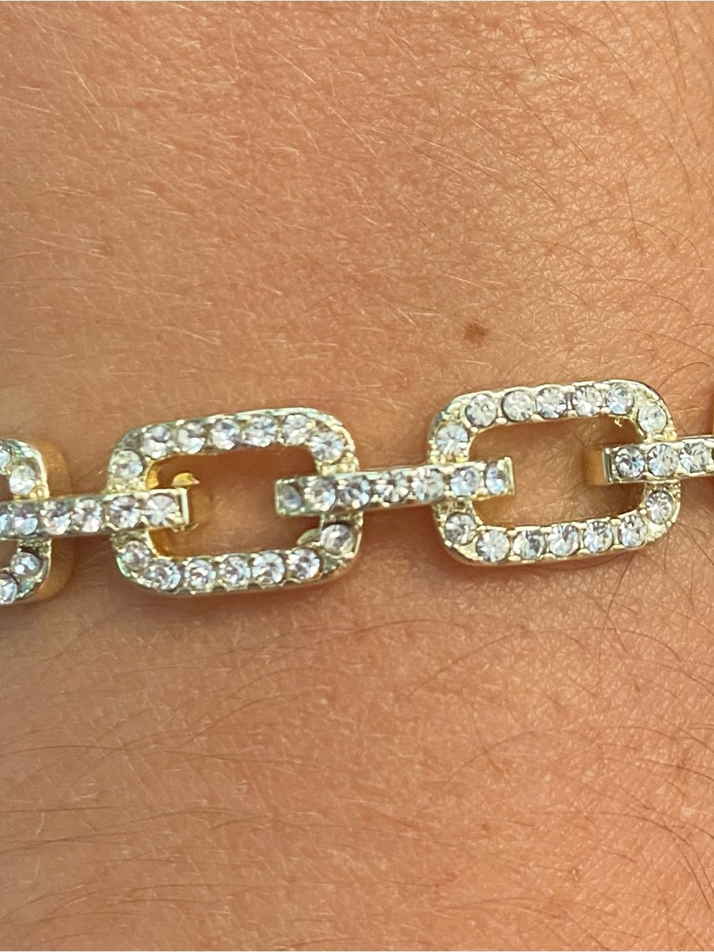 Source Unknown Gold Link Bracelet with Clear Stones
